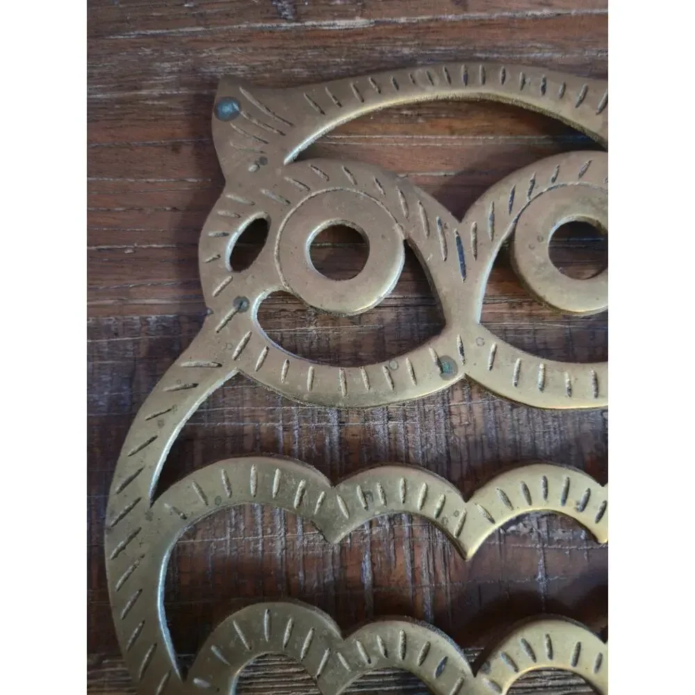 Vintage MCM Solid Brass Owl Trivet Heavy 8